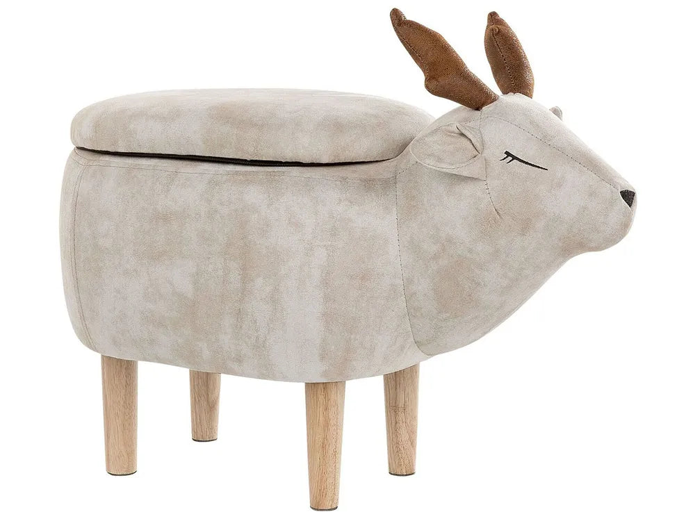 Storage Animal Stool REINDEER Fabric Beige – Kids Storage Pouffe with Hidden Compartment