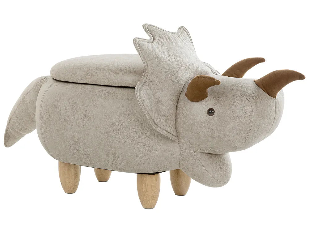 Storage Animal Stool TRICERATOPS Fabric Light Grey – Kids Pouffe with Hidden Storage