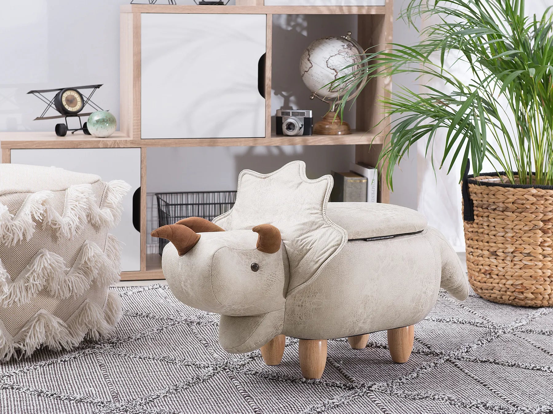 Storage Animal Stool TRICERATOPS Fabric Light Grey – Kids Pouffe with Hidden Storage