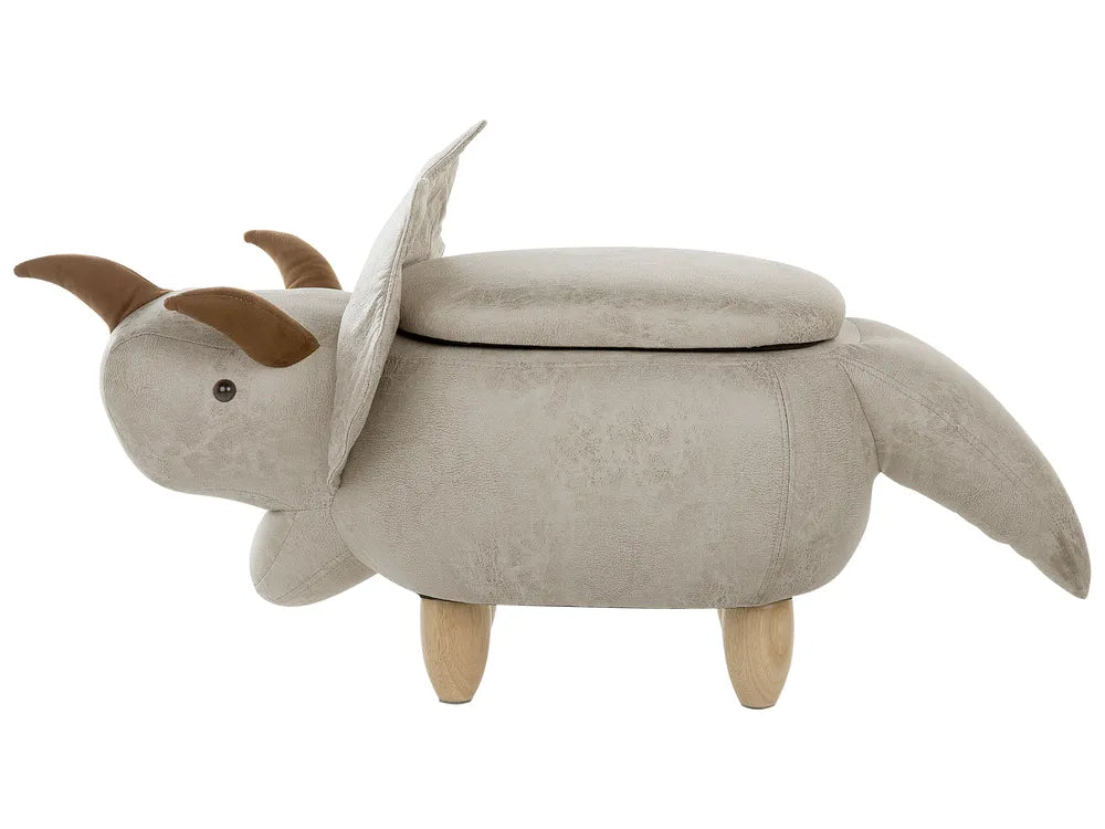 Storage Animal Stool TRICERATOPS Fabric Light Grey – Kids Pouffe with Hidden Storage
