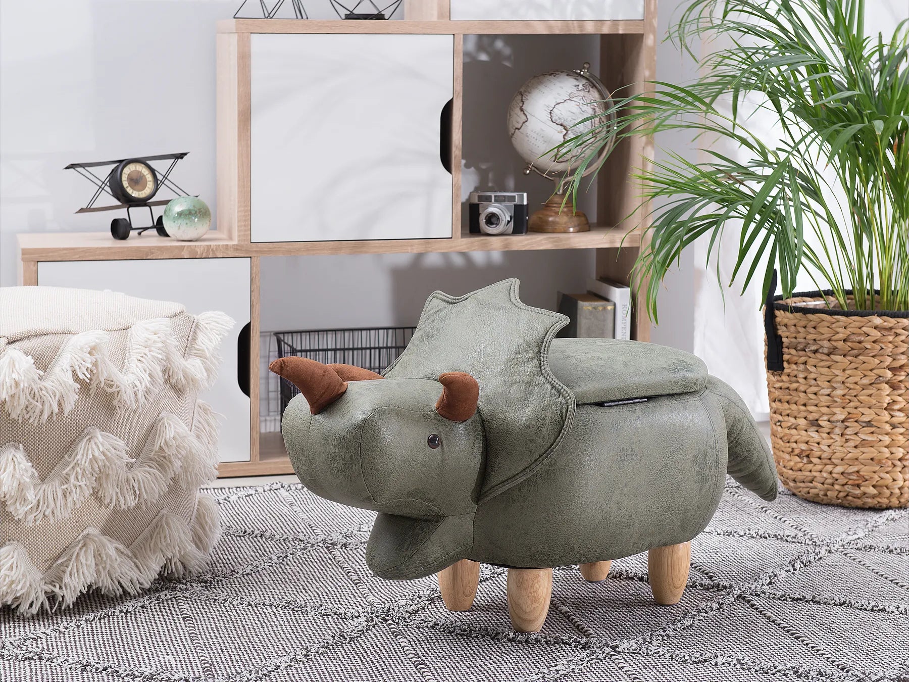 Storage Animal Stool TRICERATOPS Fabric Green – Kids Pouffe with Hidden Storage
