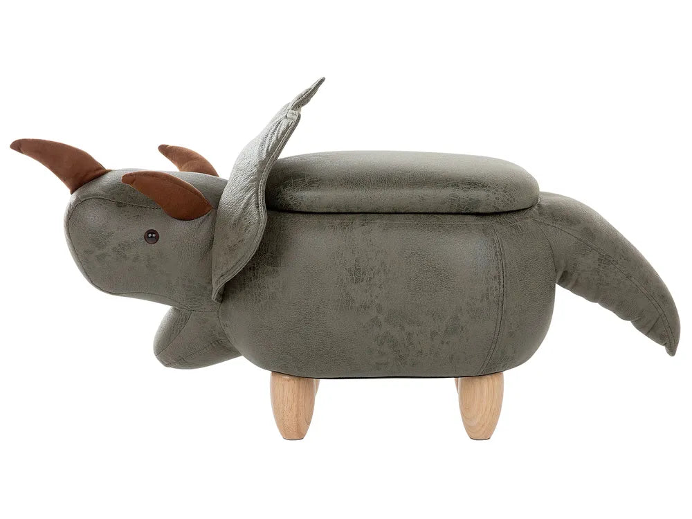 Storage Animal Stool TRICERATOPS Fabric Green – Kids Pouffe with Hidden Storage