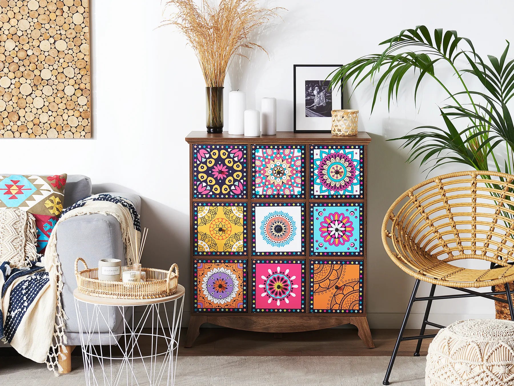 KUMA Multicolour Sideboard Cabinet with Moroccan Pattern – Wooden Finish Storage Unit