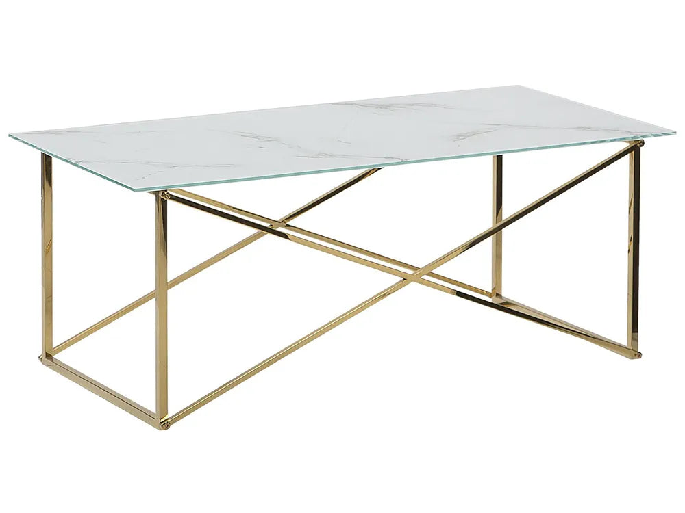 Coffee Table EMPORIA Tempered Glass Marble / Gold – Rectangular Glam Coffee Table with Glass Top