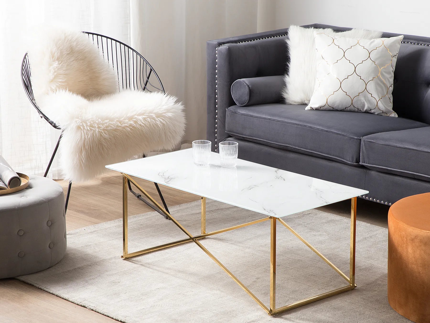Coffee Table EMPORIA Tempered Glass Marble / Gold – Rectangular Glam Coffee Table with Glass Top