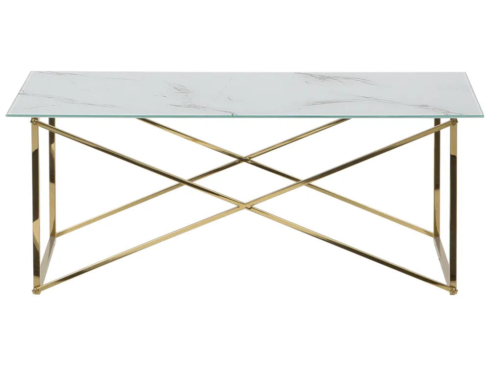 Coffee Table EMPORIA Tempered Glass Marble / Gold – Rectangular Glam Coffee Table with Glass Top