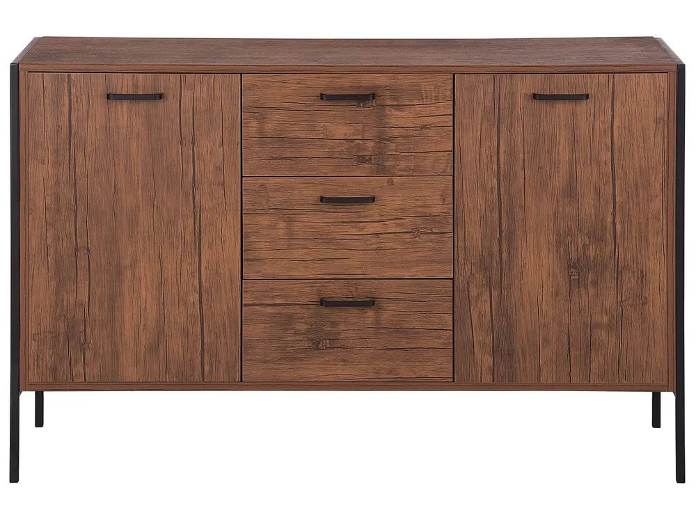 2 Door Sideboard TIFTON Dark Brown – Multifunctional Living Room Cabinet with Drawers, Steel Frame, Wood-Effect Finish