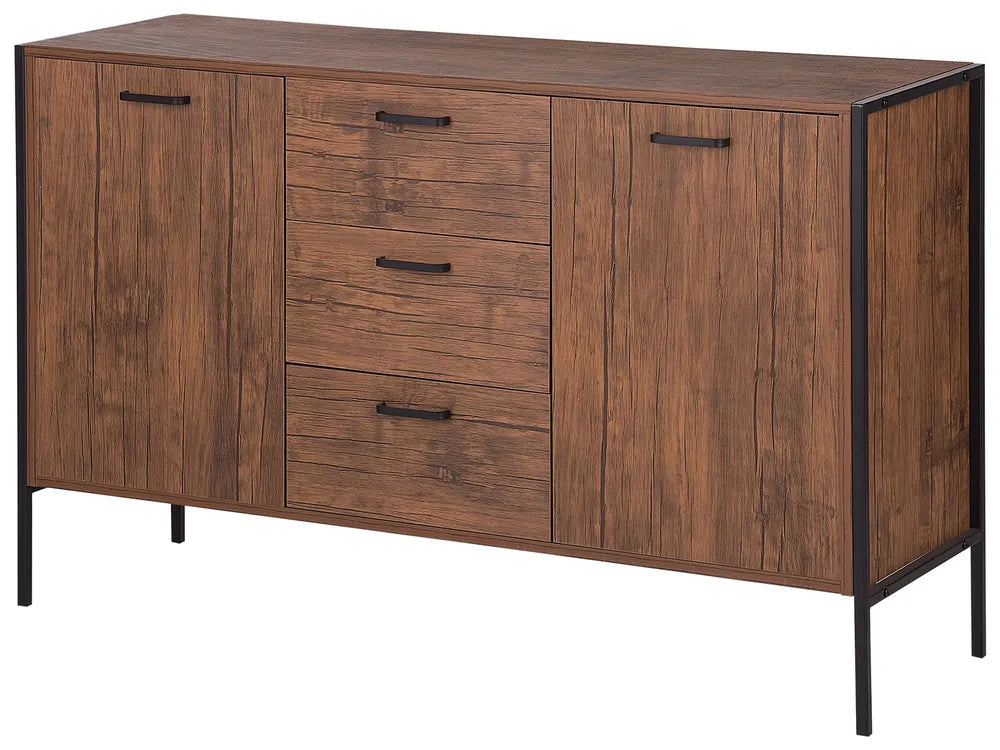 2 Door Sideboard TIFTON Dark Brown – Multifunctional Living Room Cabinet with Drawers, Steel Frame, Wood-Effect Finish