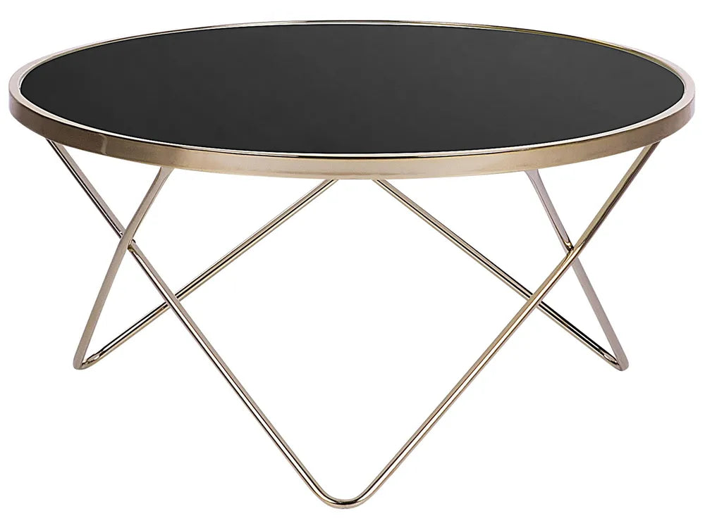 Round Coffee Table with Tempered Glass Top – Black Glass Table with Gold Metal Legs