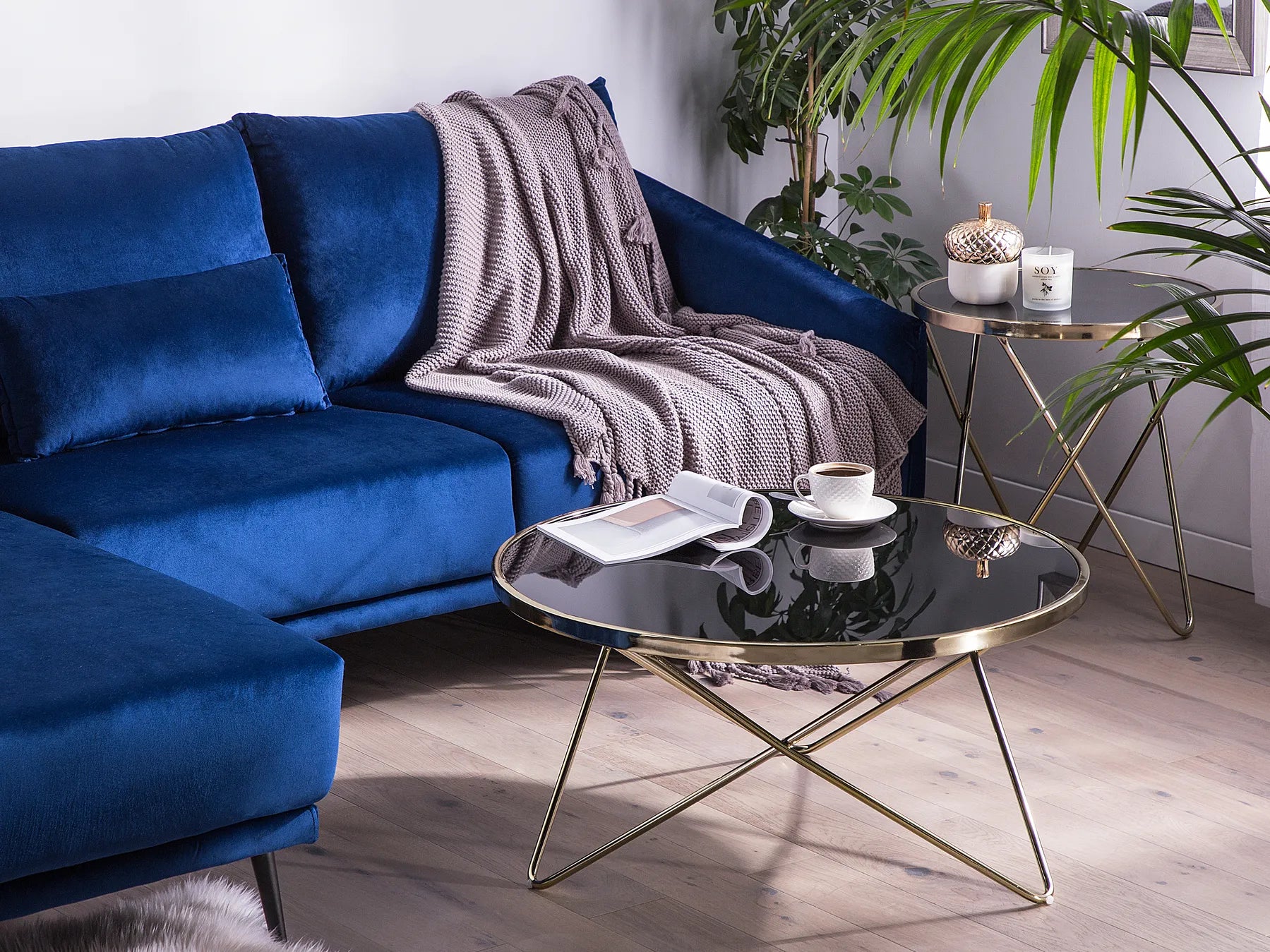 Round Coffee Table with Tempered Glass Top – Black Glass Table with Gold Metal Legs