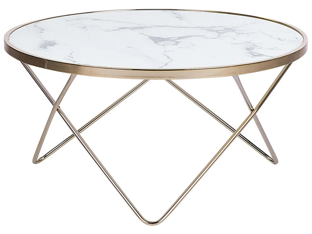 Round Coffee Table with Tempered Glass Marble Effect Top – White Marble Finish with Gold Metal Legs