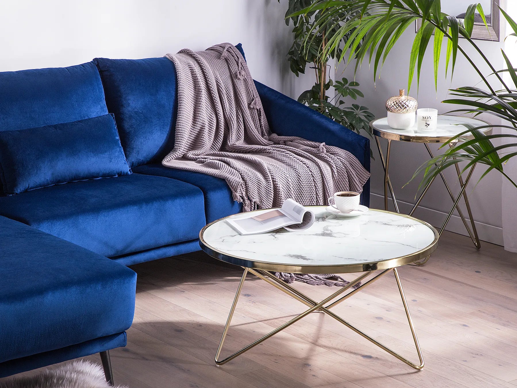 Round Coffee Table with Tempered Glass Marble Effect Top – White Marble Finish with Gold Metal Legs