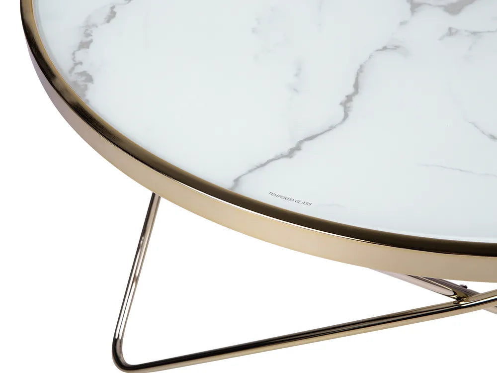Round Coffee Table with Tempered Glass Marble Effect Top – White Marble Finish with Gold Metal Legs