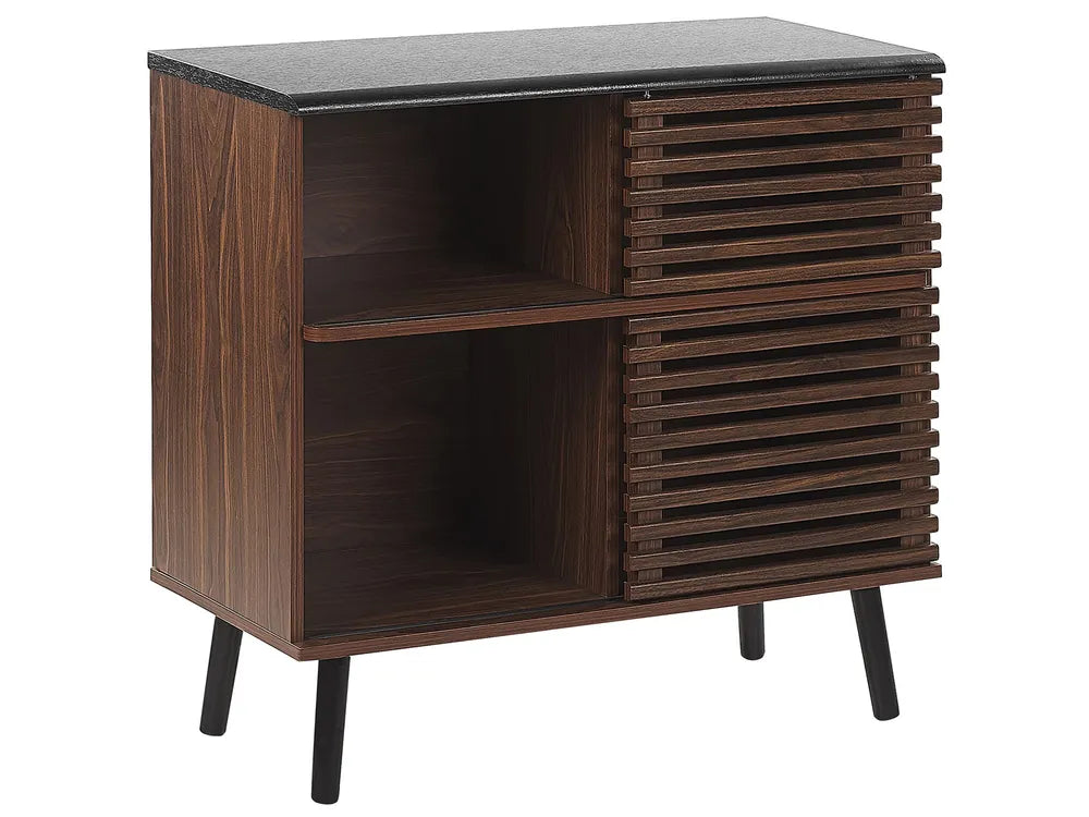 PERTH Dark Brown Sliding Door Cabinet – 80×40×80 cm Wooden-Style Storage Sideboard with Slatted Front