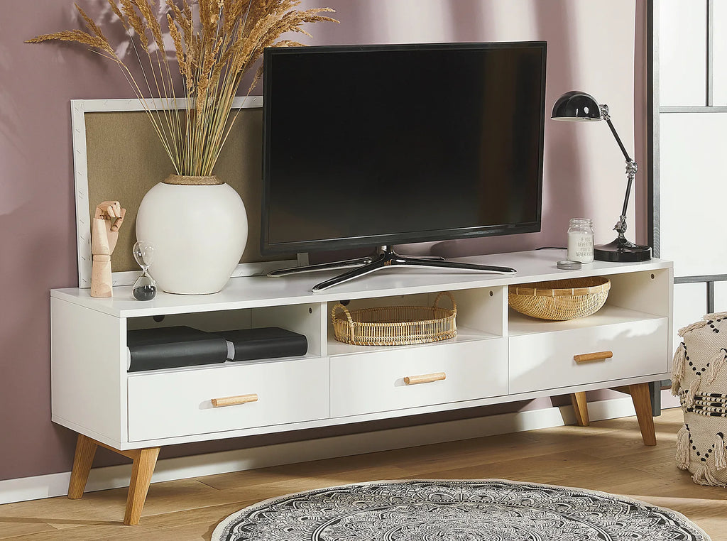 LIBERTY Modern TV Stand with Drawers and Shelves, White Finish, 180 cm – Suitable for TVs up to 75"