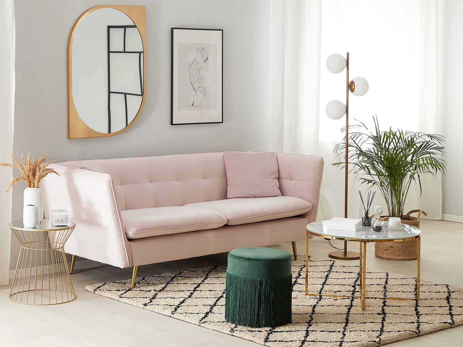 Sofa 3 Seater FREDERICA Boucle Off-Pink– Elegant Tufted Design with Metal Legs