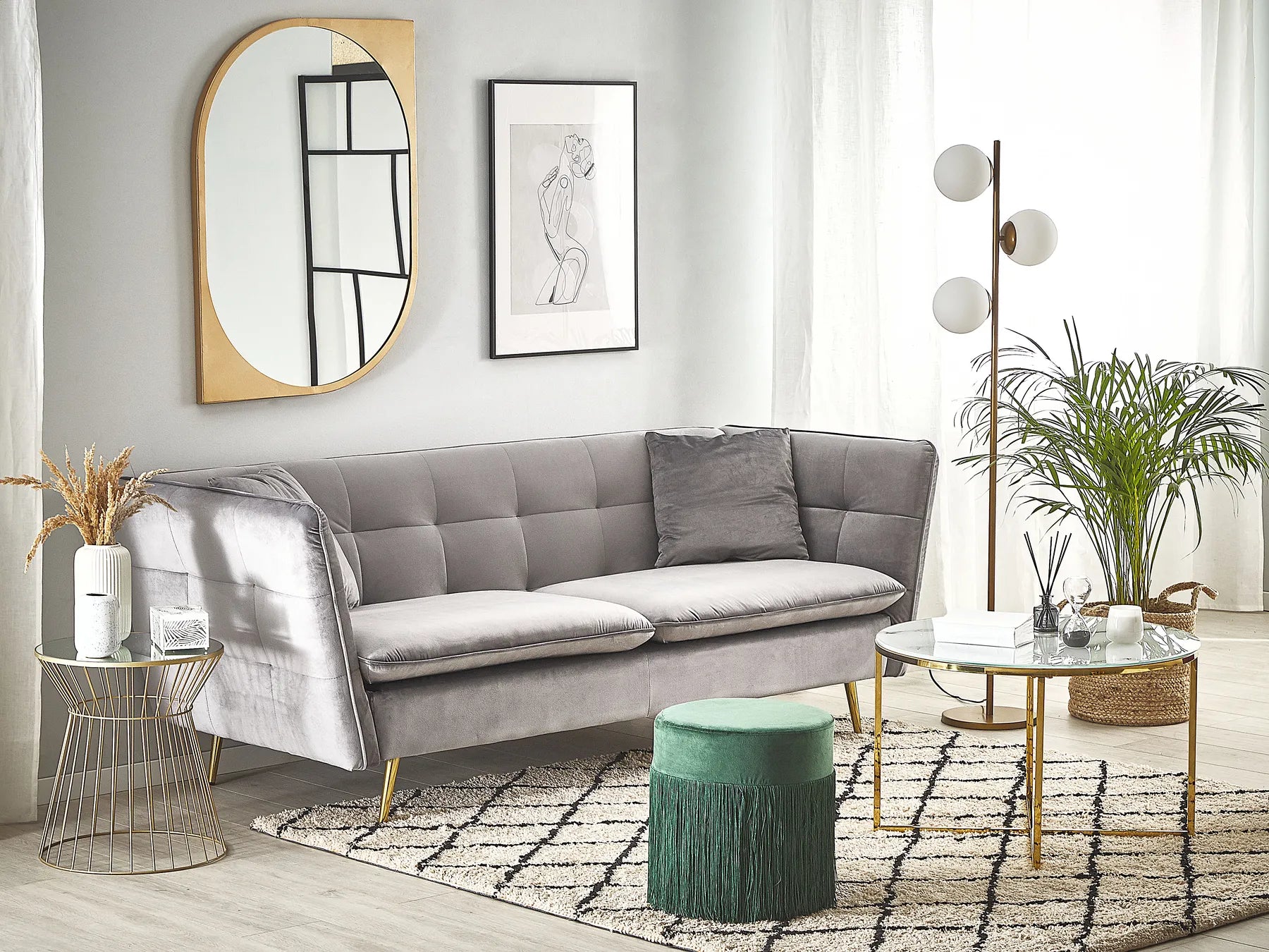 Sofa 3 Seater FREDERICA Boucle Off-Grey– Elegant Tufted Design with Metal Legs