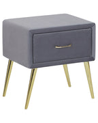 1 Drawer Bedside Table FLAYAT – Velvet Upholstered Nightstand, Grey with Gold Legs