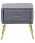 1 Drawer Bedside Table FLAYAT – Velvet Upholstered Nightstand, Grey with Gold Legs