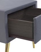 1 Drawer Bedside Table FLAYAT – Velvet Upholstered Nightstand, Grey with Gold Legs