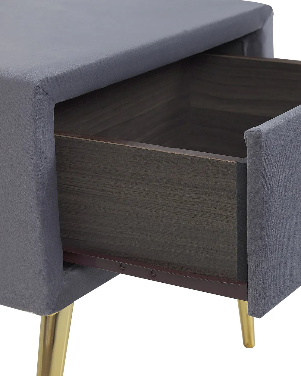1 Drawer Bedside Table FLAYAT – Velvet Upholstered Nightstand, Grey with Gold Legs
