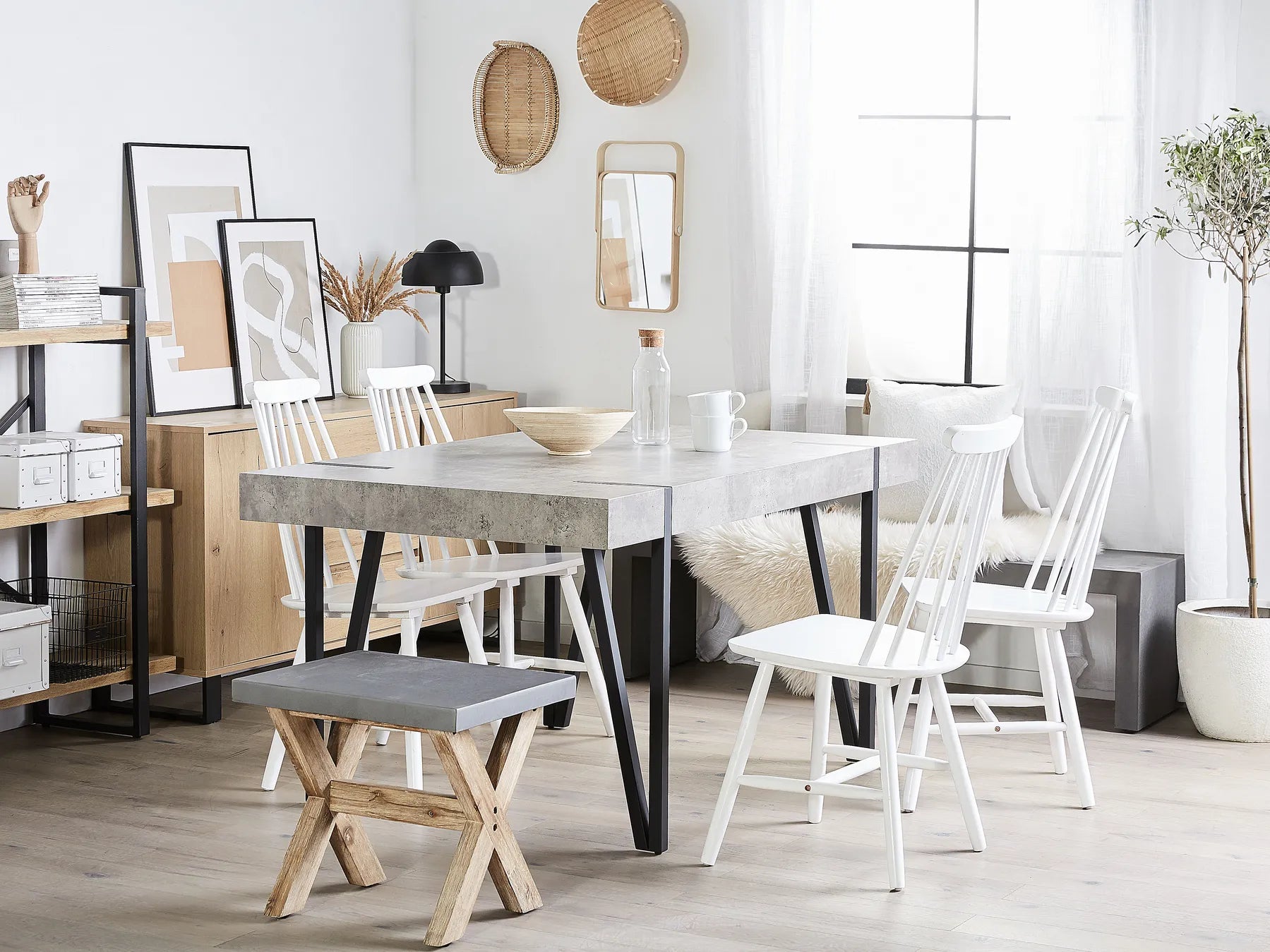 Dining Table ADENA Industrial Style 150×90 cm – Concrete Effect Top, Metal Legs (Grey / Brown / Beige)