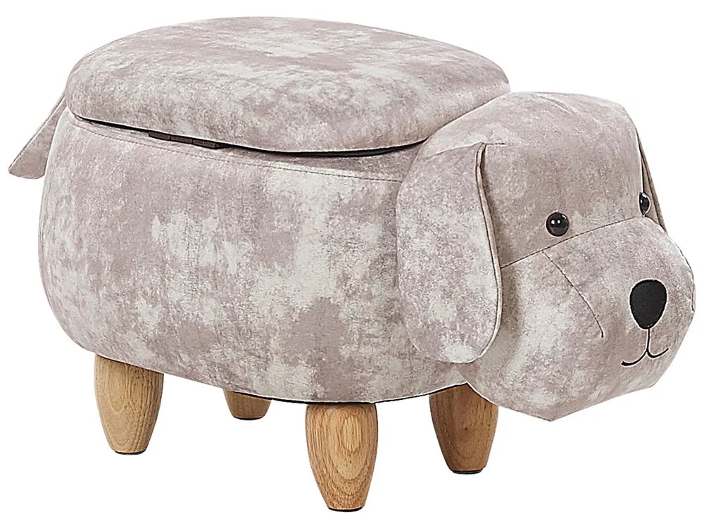 Storage Animal Stool DOGGY in Velvet Beige – Kids Upholstered Footstool with Hidden Storage, Solid Wood Legs, 120 kg Load Capacity