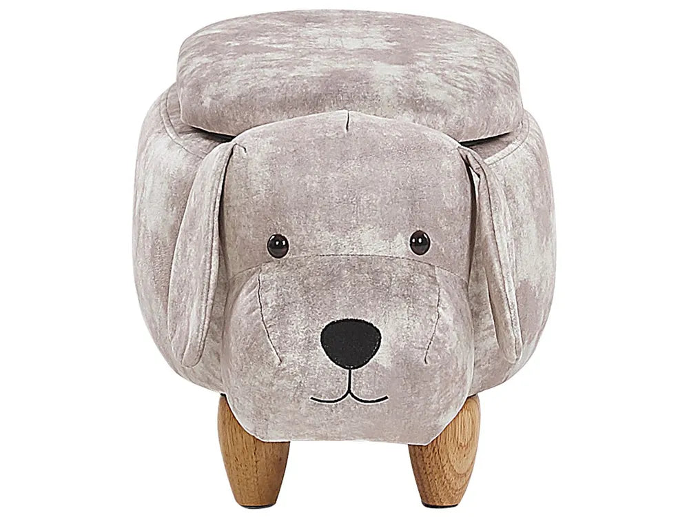 Storage Animal Stool DOGGY in Velvet Beige – Kids Upholstered Footstool with Hidden Storage, Solid Wood Legs, 120 kg Load Capacity