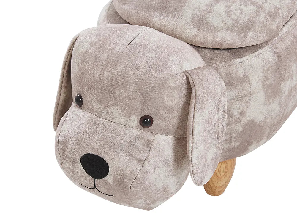 Storage Animal Stool DOGGY in Velvet Beige – Kids Upholstered Footstool with Hidden Storage, Solid Wood Legs, 120 kg Load Capacity