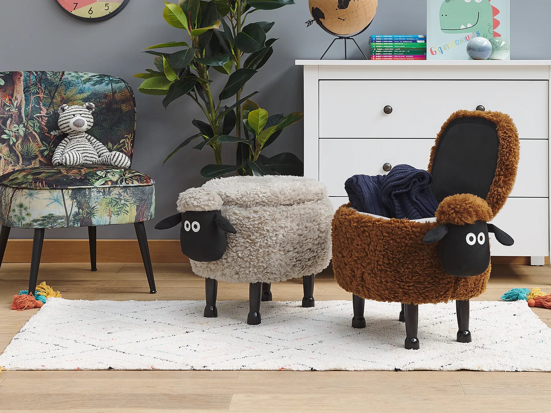 Storage Animal Stool SHEEP – Cute Kids Storage Footstool with Hidden Compartment, Soft Fabric Upholstery, Brown