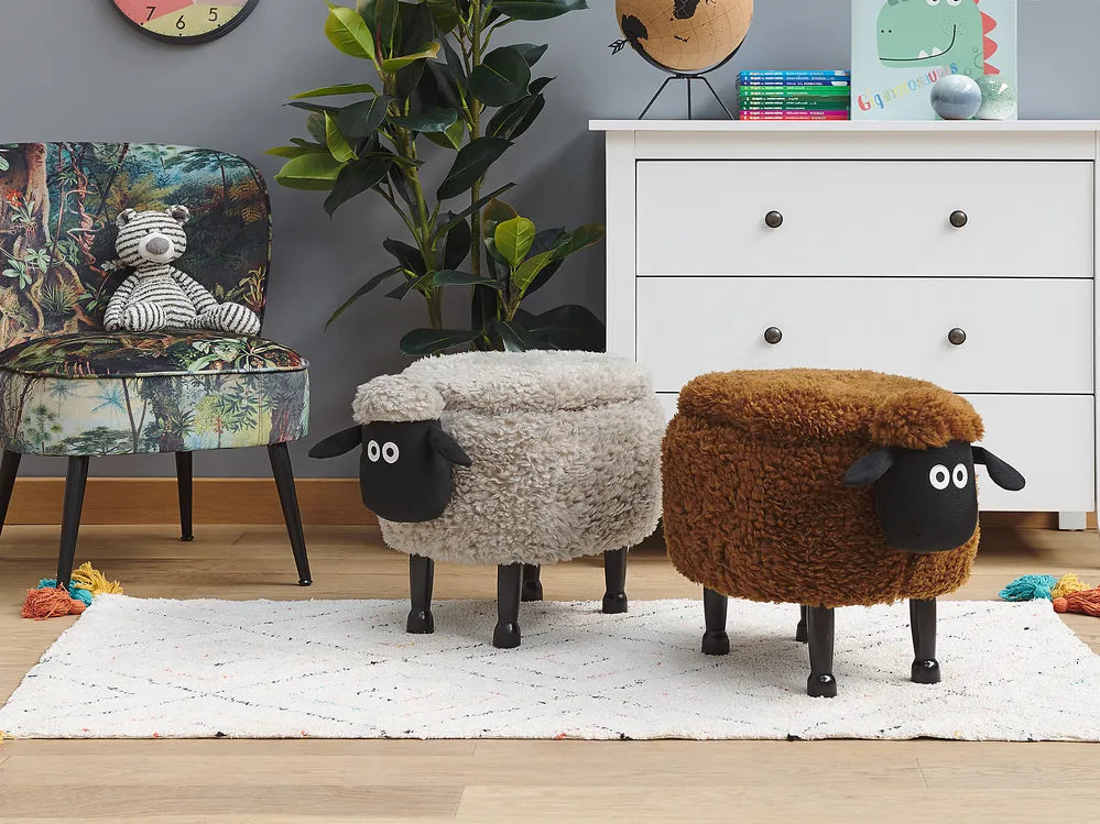 Storage Animal Stool SHEEP – Cute Kids Storage Footstool with Hidden Compartment, Soft Fabric Upholstery, Brown