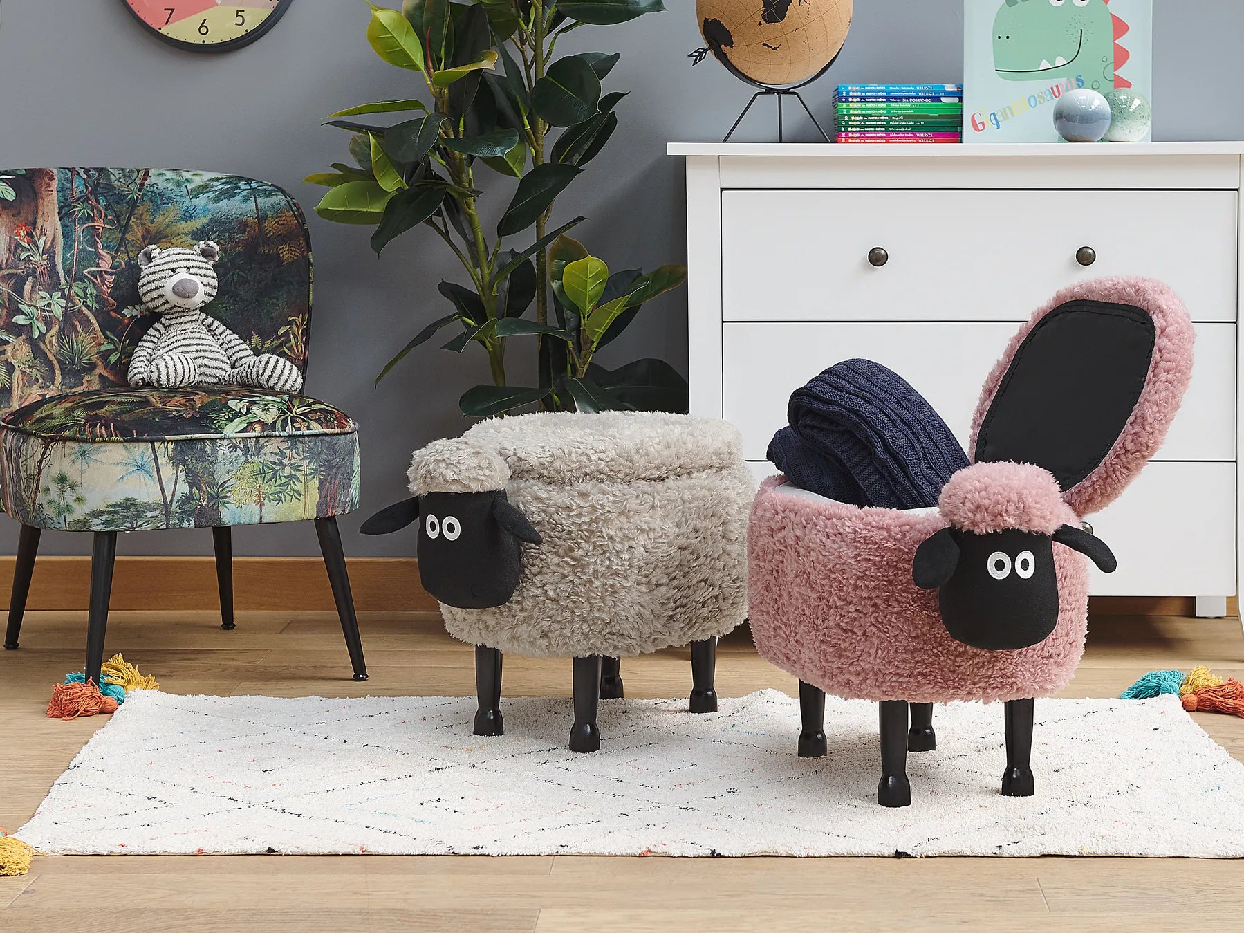 Storage Animal Stool SHEEP – Cute Kids Storage Footstool with Hidden Compartment, Soft Fabric Upholstery, Pink