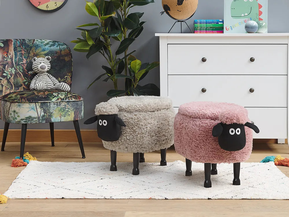 Storage Animal Stool SHEEP – Cute Kids Storage Footstool with Hidden Compartment, Soft Fabric Upholstery, Pink