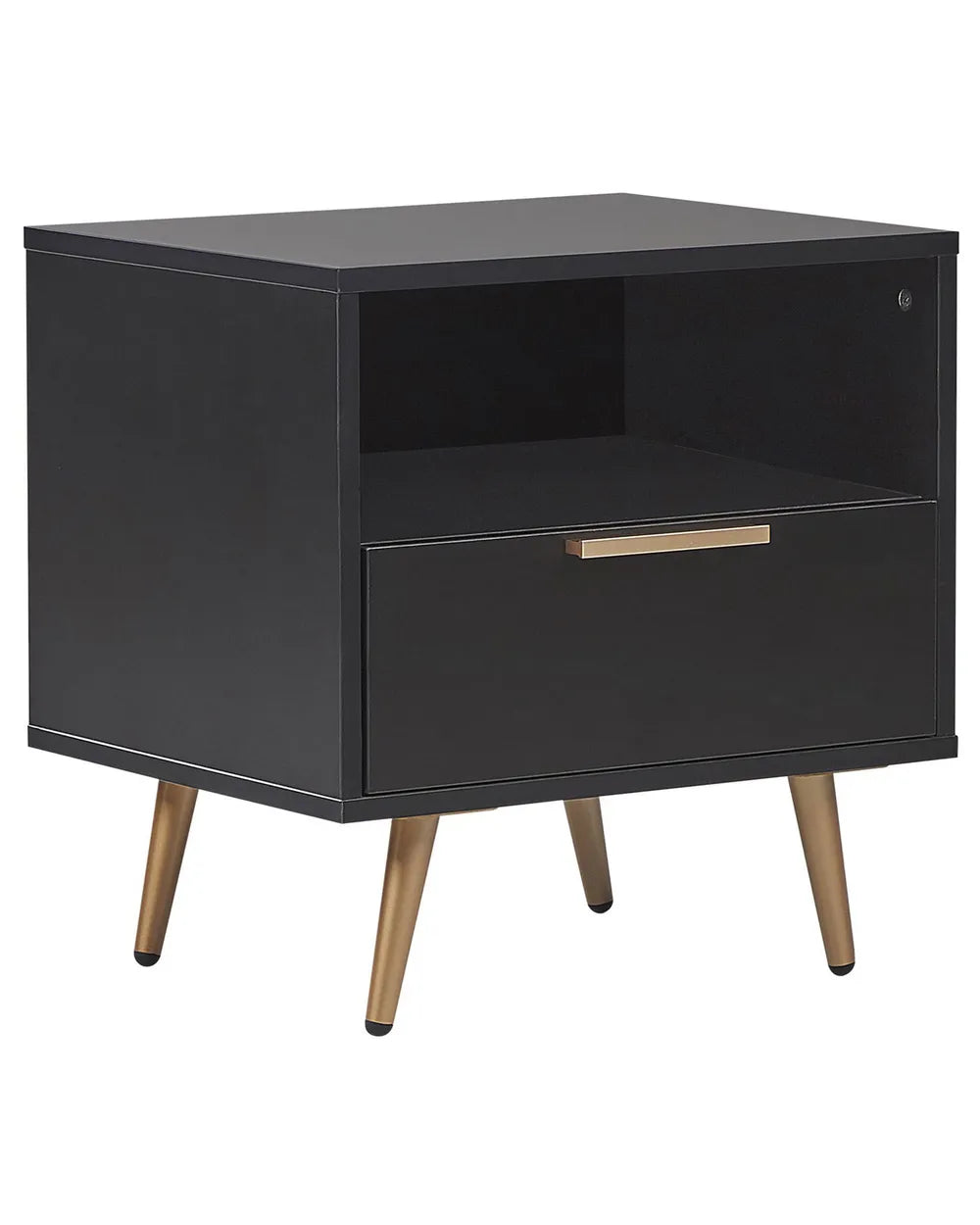 1 Drawer Bedside Table INDIO – Black Nightstand with Gold Accents, Modern Storage Side Table