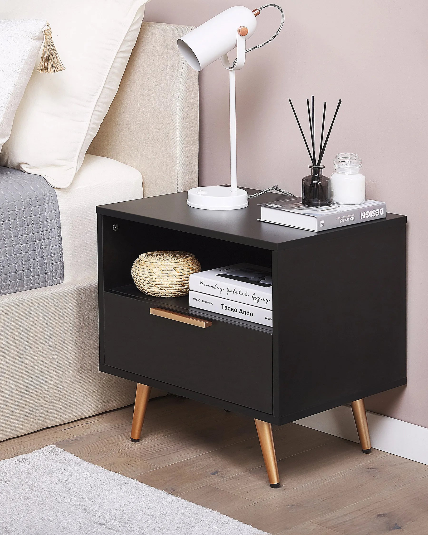 1 Drawer Bedside Table INDIO – Black Nightstand with Gold Accents, Modern Storage Side Table