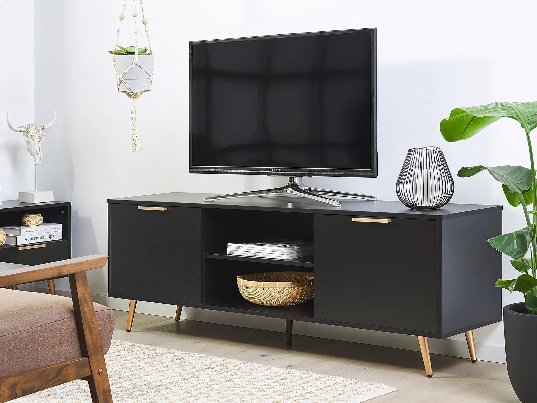 Modern TV Stand INDIO Black with Storage Cabinet & Cable Management – Suitable for TVs up to 75 Inches