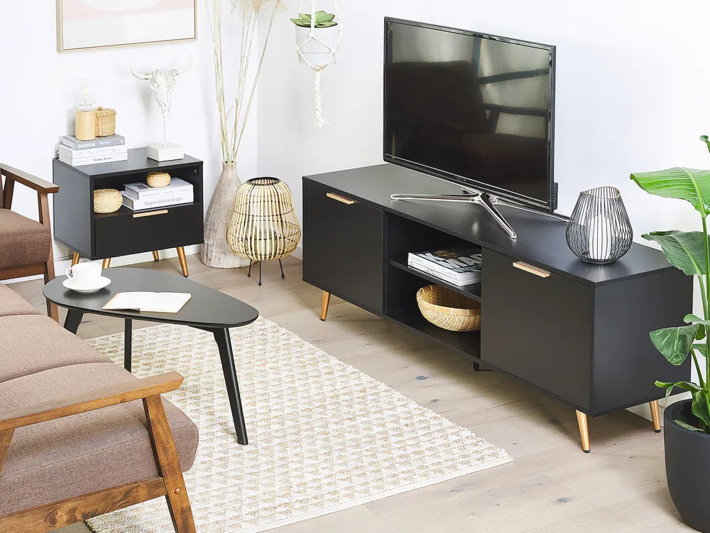 Modern TV Stand INDIO Black with Storage Cabinet & Cable Management – Suitable for TVs up to 75 Inches