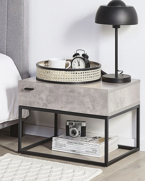 1 Drawer Industrial Bedside Table CAIRO – Light Grey, Concrete Effect, Metal Frame