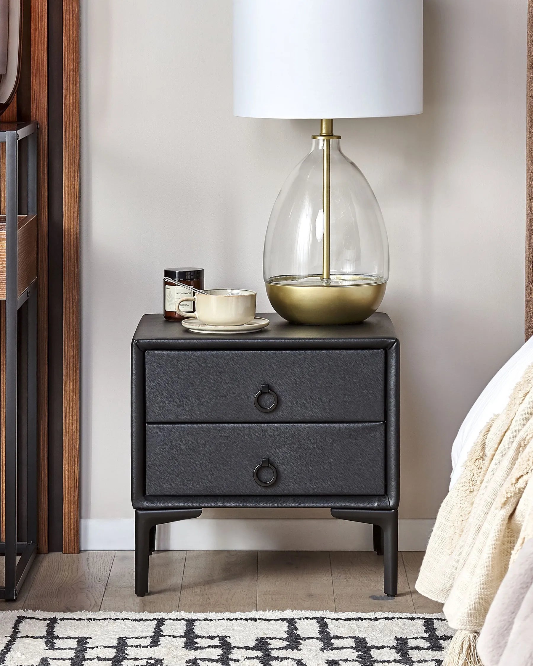 2 Drawer Bedside Table SEZANNE – Black Faux Leather Upholstered Nightstand with Metal Legs
