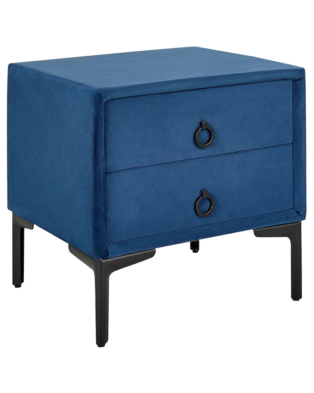 2 Drawer Upholstered Bedside Table SEZANNE in Blue Velvet with Metal Legs