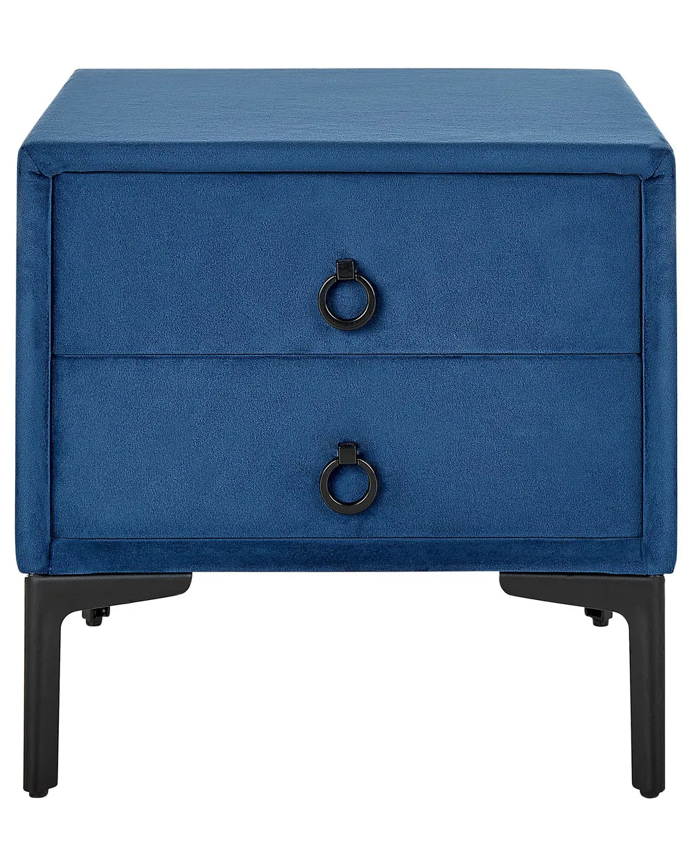 2 Drawer Upholstered Bedside Table SEZANNE in Blue Velvet with Metal Legs