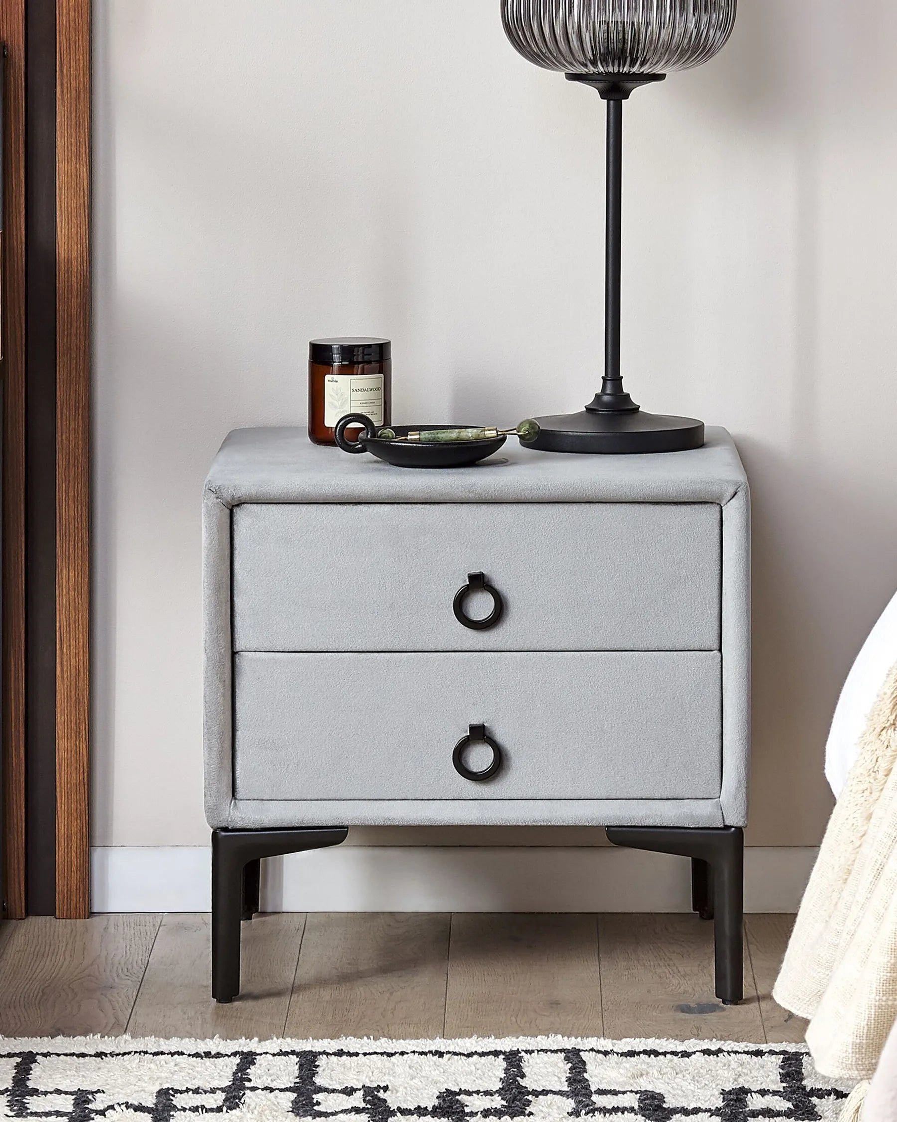2 Drawer Upholstered Bedside Table SEZANNE in Grey Velvet with Metal Legs