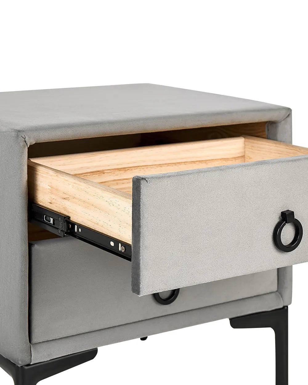 2 Drawer Upholstered Bedside Table SEZANNE in Grey Velvet with Metal Legs