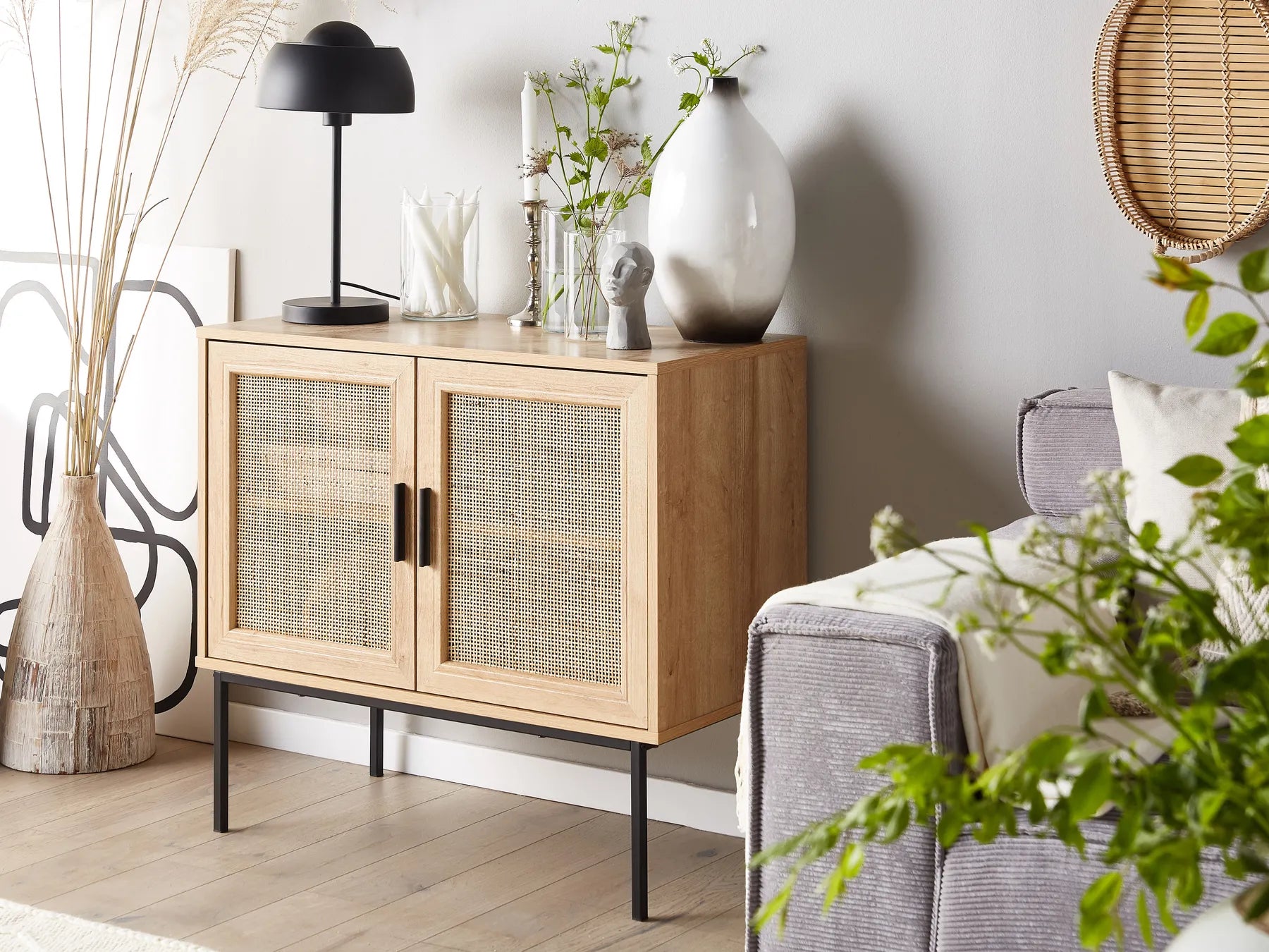 PASCO Light Brown Cabinet with Rattan Doors – 2-Door Storage Cabinet, Natural Wood Look, Metal Legs