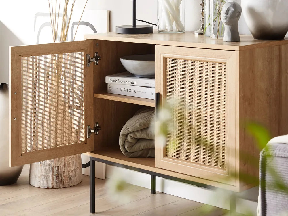 PASCO Light Brown Cabinet with Rattan Doors – 2-Door Storage Cabinet, Natural Wood Look, Metal Legs