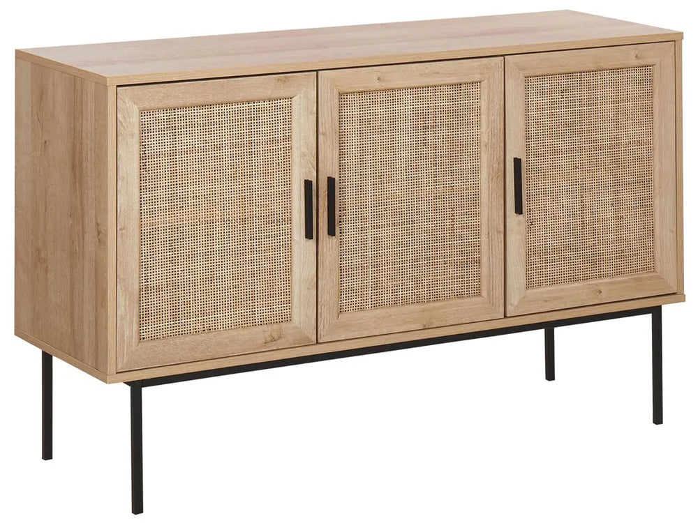 PASCO Light Brown Cabinet with Wicker Front – 2 Door Storage Sideboard, Rattan Design, Black Metal Legs