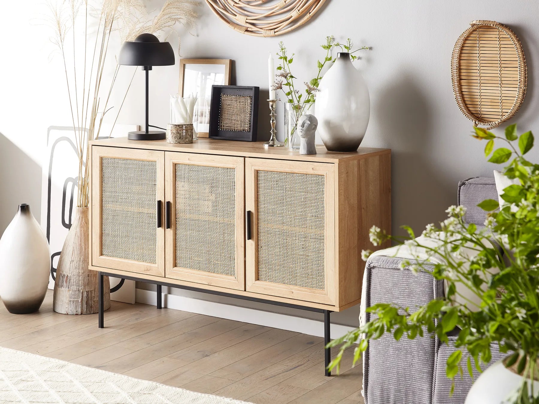 PASCO Light Brown Cabinet with Wicker Front – 2 Door Storage Sideboard, Rattan Design, Black Metal Legs
