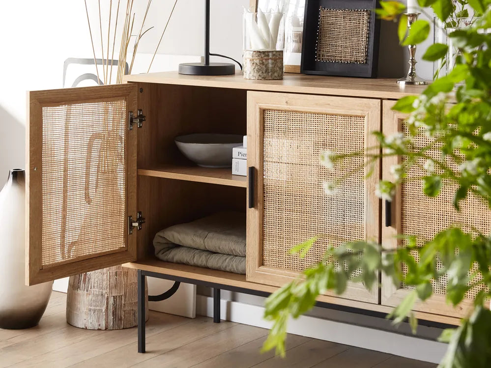 PASCO Light Brown Cabinet with Wicker Front – 2 Door Storage Sideboard, Rattan Design, Black Metal Legs