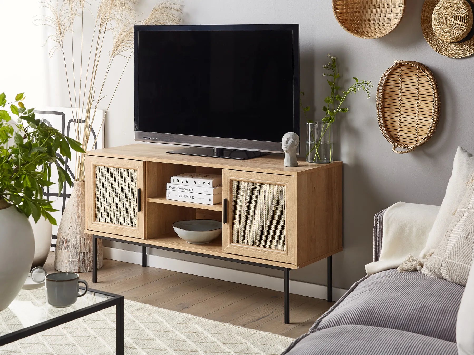 PASCO Rattan TV Stand 120 cm, Light Brown – TV Cabinet up to 55 Inch