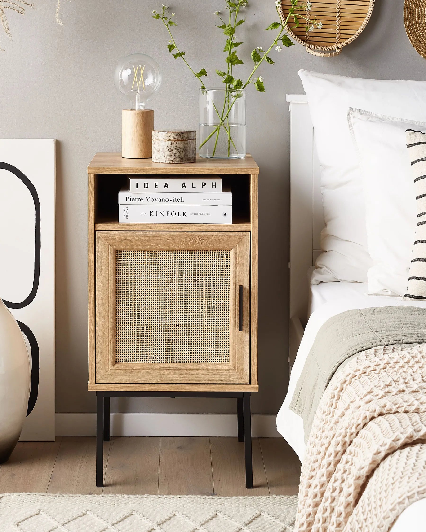 PASCO Wicker Front Bedside Table – Light Brown Nightstand with Rattan Door and Metal Legs